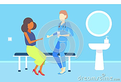 Female doctor giving medications pills to african american woman patient consultation medicine and healthcare concept Vector Illustration