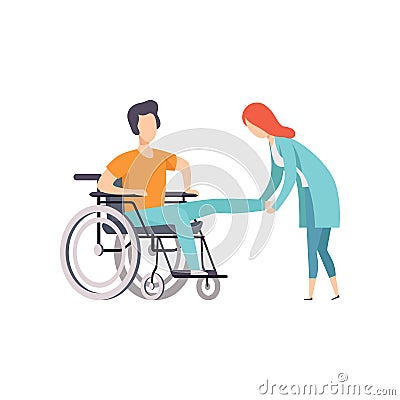 Female doctor helping woman sitting on wheelchair, medical rehabilitation, physical therapy activity cartoon vector Vector Illustration