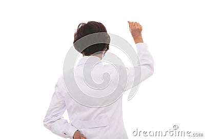 The female doctor with her back to the camera makes a fist and raises her right hand to signal for cheering Stock Photo