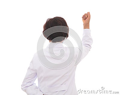 The female doctor with her back to the camera makes a fist and raises her right hand to signal for cheering Stock Photo