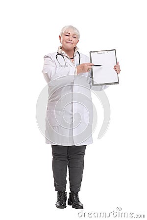 Female doctor holding empty folder with files of desease illness and point by pen blank clipboard. Stock Photo