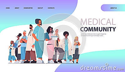 Female doctor leader standing in front of mix race professionals team in uniform medical community Vector Illustration