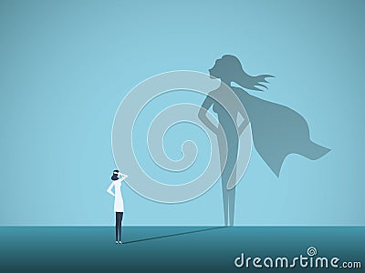 Female doctor looking at superhero shadow on the wall. Hospital staff, nurses heroes fight coronavirus pandemic. Vector Illustration