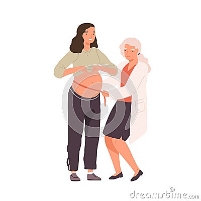 Female doctor measuring belly of pregnant woman use tape line vector flat illustration. Future mother visited physician Vector Illustration