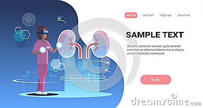 Female doctor nurse wearing digital glasses touching virtual reality kidneys human organ anatomy medical vr headset Vector Illustration