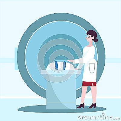 Female doctor with patient lying, making magnetic resonance imaging. Flat design illustration. Vector Vector Illustration