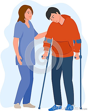 Female doctor physical therapist helping male patient on crutches. A nurse helps a man with crutches to walk. Healthcare Vector Illustration