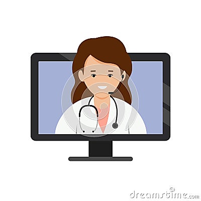 Female doctor prescribes a treatment online. The attending physician consults via the Internet. Vector Illustration