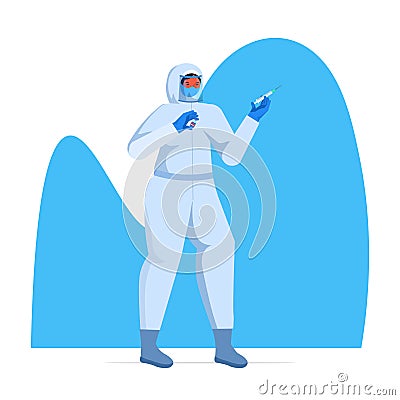 Female doctor in protective mask and suit holding syringe and bottle vial coronavirus vaccine development Vector Illustration