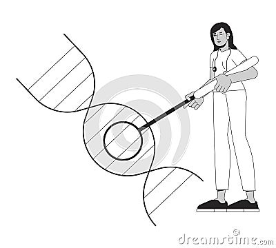 Female doctor researching dna helix black and white 2D line cartoon character Vector Illustration