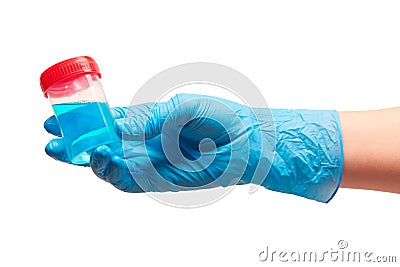 Female doctor's hand in blue glove holding transparent plastic sterile specimen collection contain Stock Photo