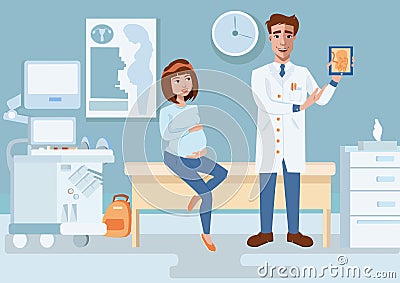 Female doctor shows ultrasonic image of baby to young pregnant woman in gynecology room. Vector Illustration