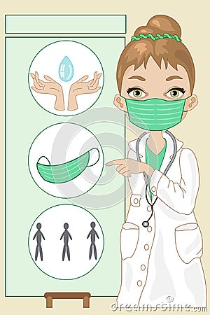 A doctor with a sign explains the precautions for coronavirus Vector Illustration