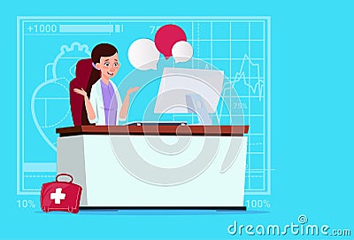 Female Doctor Sitting At Computer Online Consultation Medical Clinics Worker Hospital Vector Illustration