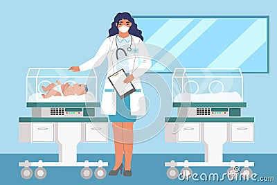 Female doctor standing next to newborn baby in incubator, flat vector illustration. Neonatal resuscitation. Vector Illustration