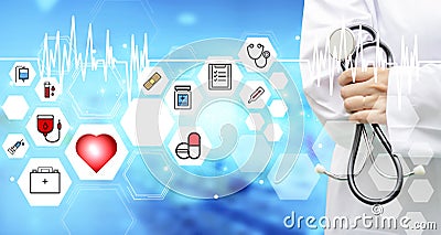 Female doctor with stethoscope and icon medical on hospital background, healt care icon Stock Photo