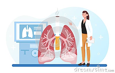 Female doctor is studying affected smoker lungs in hospital Vector Illustration