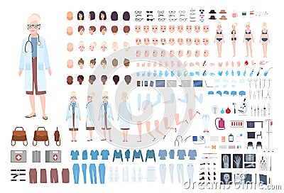 Female doctor, therapist or surgeon DIY kit. Bundle of woman`s body parts, uniform, medical tools and equipment isolated Vector Illustration