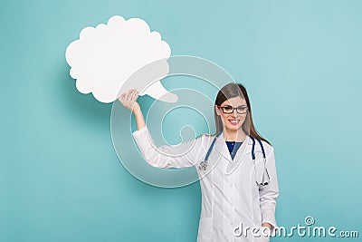 Female doctor with thinking speech bubble Stock Photo