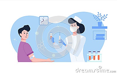 Female doctor in white medical uniform takes blood tests from a patient and holds a syringe and test tube in his hands Vector Illustration