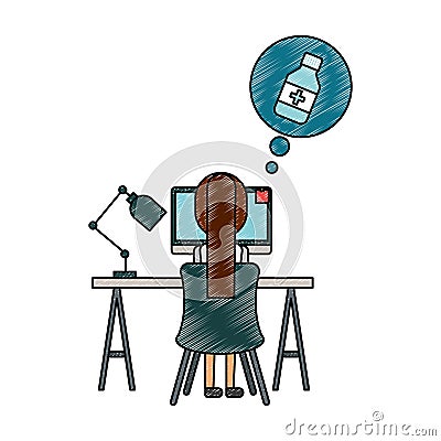 female doctor in the workplace thinking pills bottle Cartoon Illustration