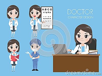 Female doctors in various gestures in uniform Vector Illustration