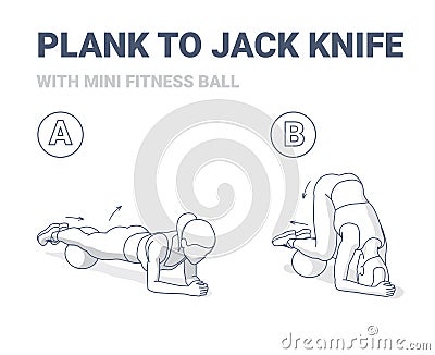 Female Doing Plank to Twist Jack Knife with Mini Fit Ball Home Workout Exercise Guide Illustration. Vector Illustration