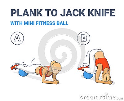 Female Doing Plank to Twist Jack Knife with Mini Fit Ball Home Workout Exercise Guide Illustration. Vector Illustration