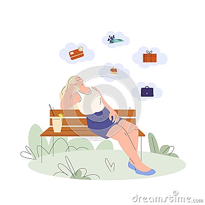 Female dream in park. Flat cartoon woman on bench think about money, gift and flowers, sweet cake and new bag. Dreams Vector Illustration
