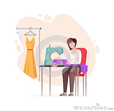 Female dressmaker sewing creative handmade clothes. Woman seamstress sewing dress on sewing machine at home or atelier Vector Illustration
