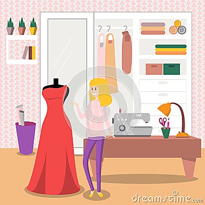 Female dressmaker sewing elegant red dress for her customer Vector Illustration