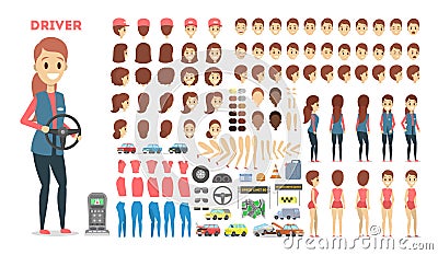 Female driver character set for the animation with various views Vector Illustration