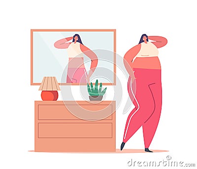 Female with Eating Disorder, High Self-esteem Concept. Fat Woman With Distorted Inadequate Perception Looking In Mirror Vector Illustration