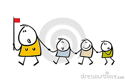 Female educator holds a flag sign and teacher leads group of children for a walk. Vector illustration of large family Vector Illustration