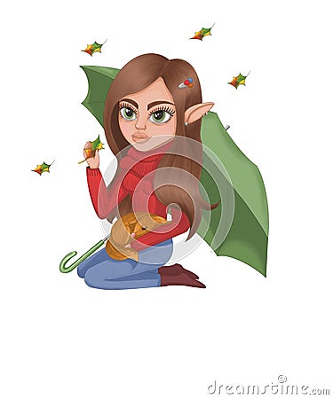 Female Elf character under an umbrella with a little sleeping fox Stock Photo
