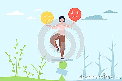 Female emotions balance. Emotion control, behavioral and mood. Woman lifestyle, choose happy or sad day. Psychology Vector Illustration