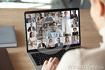 Female employee talk on video call with colleagues Stock Photo