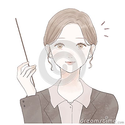 Female employee explaining while holding instruction stick. Girly art style. Vector Illustration
