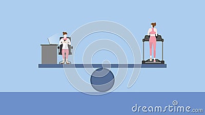 female employee works on a laptop computer at the office desk and a man running on a treadmill. The balanced lifestyle of health Vector Illustration