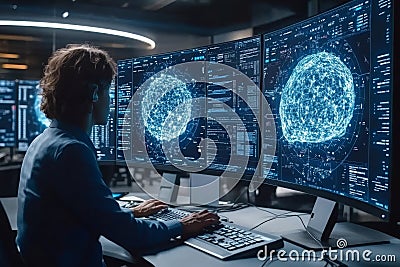 Female Engineer Analyzing Neural Networks on Multiple Monitors for Machine Learning Project. Stock Photo