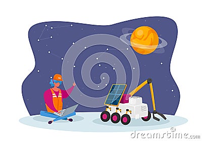 Female Engineer Control Rover Moving on Alien Planet Surface. Outer Space Exploration, Galaxy Research and Colonization Vector Illustration