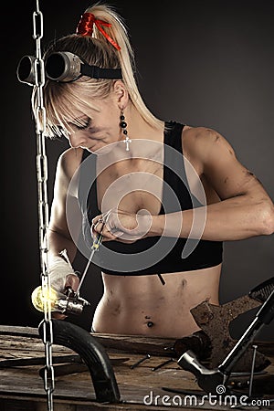 Female engineer has been repairing Stock Photo