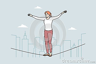 Female equilibrist walking on rope Vector Illustration