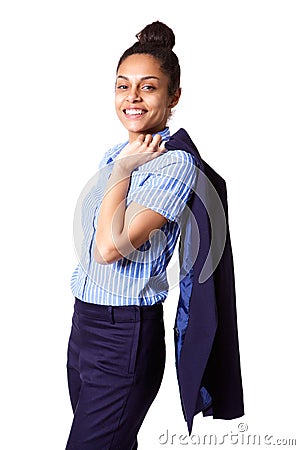 Female executive with coat slung over her shoulder Stock Photo