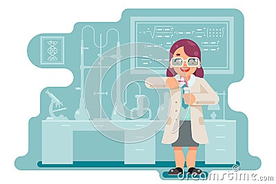 Female Experiment wise smart woman scientist chemical laboratory transfuse chemical reagents test tubes flat design Vector Illustration