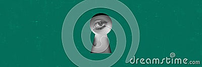 Female eye looking into keyhole on green background. Contemporary art collage. Search for hidden truths Stock Photo