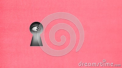 Female eye looking into keyhole on pink background. Contemporary art collage. Finding secrets and hidden truths. Stock Photo