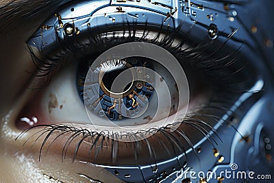 Female eye with overlay of printed circuit board. Concepts of Artificial intelligence development or Microchip implants Stock Photo
