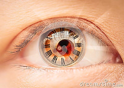 Female eye roman numerals bio clock. Stock Photo