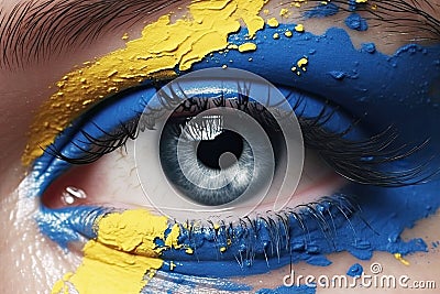 Female eye in yellow-blue paint close-up. The concept of problems of Ukrainians. Generative AI Stock Photo